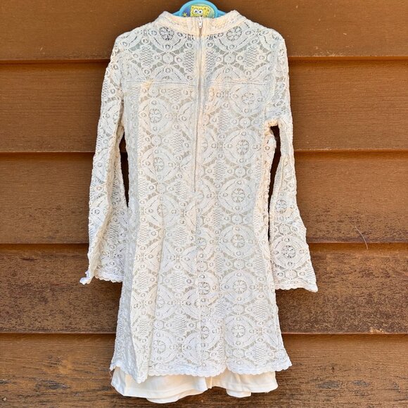 Zunie Cream Lace Long-Sleeve Dress 10 With High Collar & Back Zipper - Picture 3 of 7